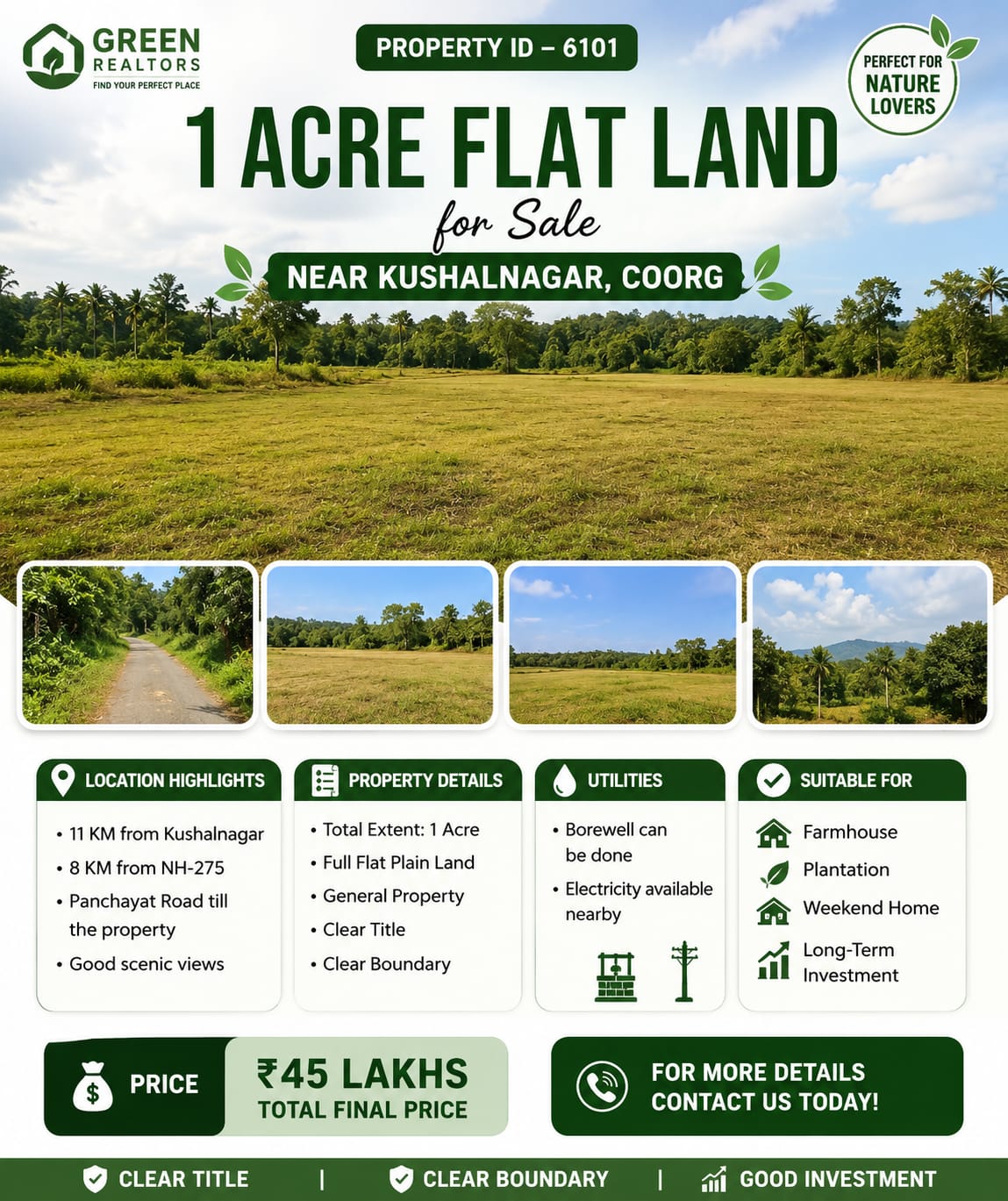 🆔 *PROPERTY ID – 6101* 🌿 *1 Acre Flat Land for Sale – Near Kushalnagar, Coorg